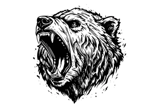 Inchiostro Mano Disegno Disegno Orso Mascotte Testa Logotipo Illustrazione Vettoriale — Vettoriale Stock