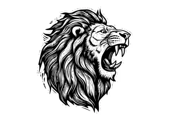 Croquis Portrait Tête Grognement Lion Dessin Main Illustration Vectorielle Style — Image vectorielle