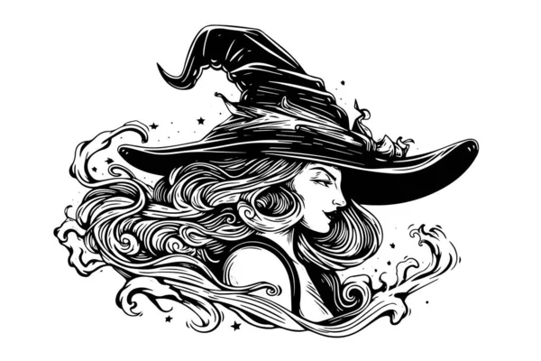 魔女ハロウィーン女性手描きインクスケッチ 彫刻スタイルベクトルイラスト — ストックベクタ