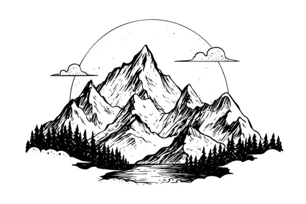 松の木の風景と山の手描きのインクスケッチ 彫刻されたスタイルのロゴタイプベクトルイラスト — ストックベクタ