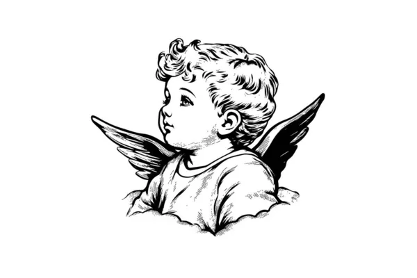 Piccolo Angelo Vettore Stile Retrò Incisione Bianco Nero Illustrazione Bambino — Vettoriale Stock