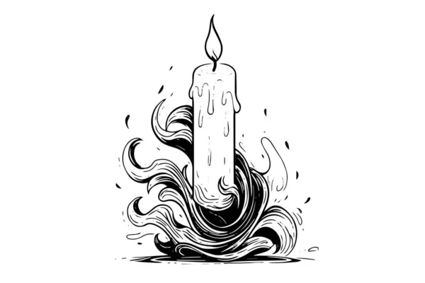 Thick Christmas Candles Burning Hand Drawn Sketch Engraving Style Vector — Stock Vector