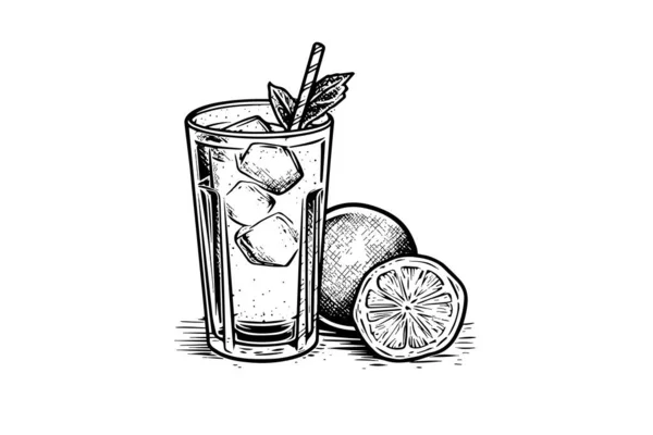 Pijte Limonádu Citrónem Mátovou Ručně Kreslenou Rytinou Stylu Vektorové Ilustrace — Stockový vektor