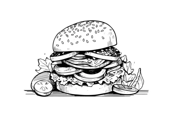 Seni Mengukir Burger Gaya Ilustrasi Vektor Gambar Tangan Dari Hamburger - Stok Vektor