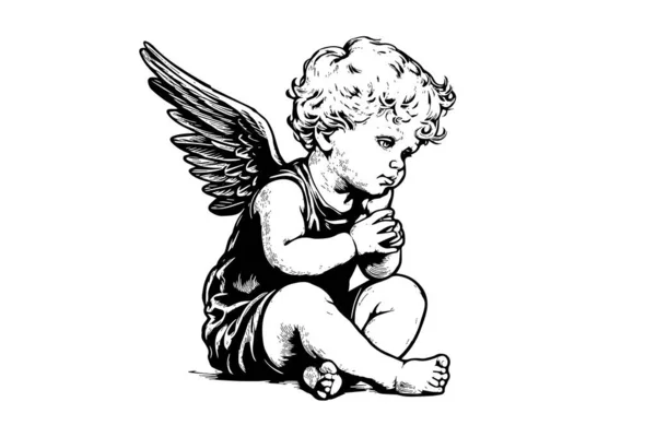Маленький Ангел Вектор Стиле Ретро Гравировкой Черно Белой Иллюстрации Симпатичный — стоковый вектор