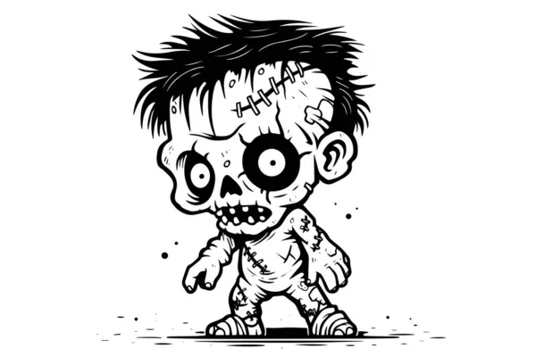 Boceto Tinta Zombie Frankenstein Ilustración Vector Dibujo Mano Muerta Viviente — Vector de stock