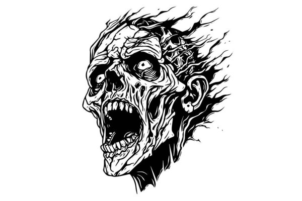 Zombie head or face ink sketch. Walking dead hand drawing vector illustration