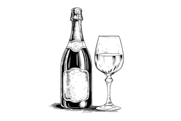 シャンパンとワイングラス彫刻スタイルのアート 手描きのスケッチベクターイラスト付きボトル — ストックベクタ