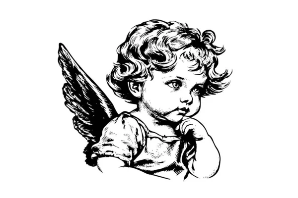 小天使矢量复古风格雕刻黑白插图 可爱的有翅膀的宝宝 — 图库矢量图片