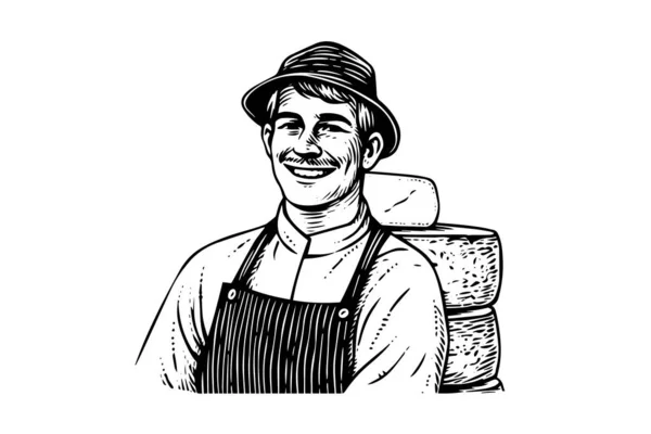 Cheesemaker Venditore Disegno Inchiostro Schizzo Stile Vintage Inciso Vettoriale Logotipo — Vettoriale Stock