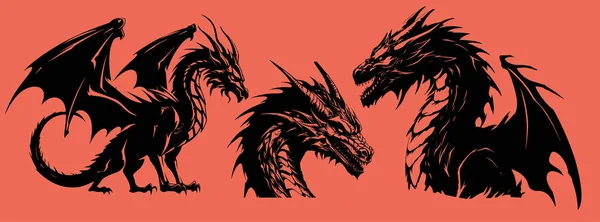 赤い背景に隔離された黒いドラゴンのグラフィックシルエット ベクトルイラスト — ストックベクタ