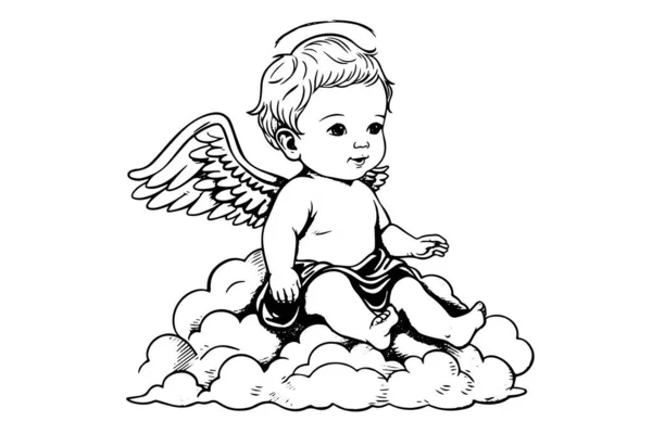 Рука Намальована Гравюра Симпатичного Маленького Ангела Сидить Хмарі Векторні Ілюстрації — стоковий вектор