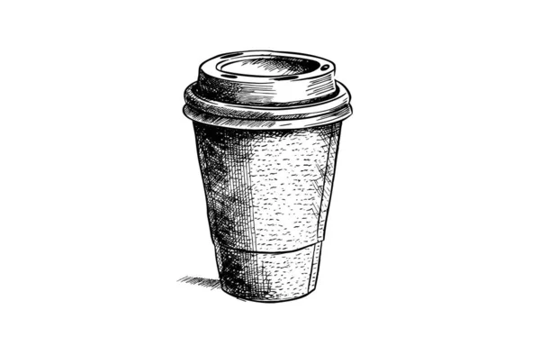 カバーが付いているテイクアウト紙のコーヒー カップ 手描きのスケッチスタイル ラベル ウェブ フレイヤーのためのヴィンテージ色のベクターの彫版のイラスト — ストックベクタ
