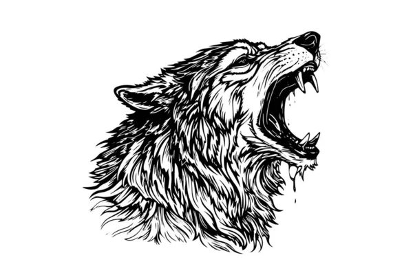 愤怒的狼头手绘了墨迹草图 雕刻家风格矢量插图 吉祥物 印刷品设计 — 图库矢量图片