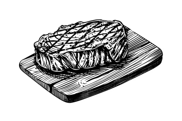 Vleesbiefstuk Houten Plank Handtekening Schets Graveren Stijl Vector Illustratie — Stockvector