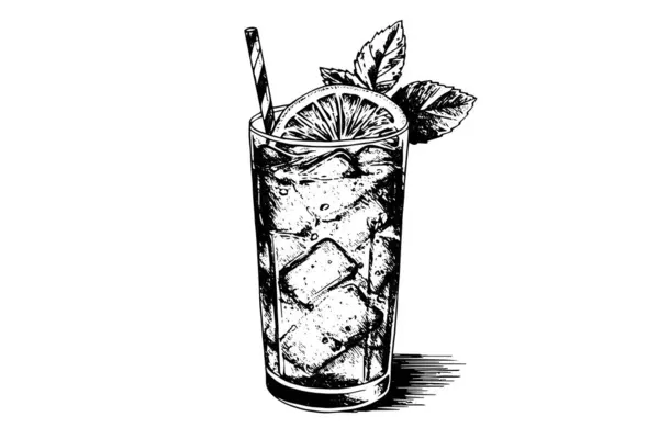 Alcoholic Cocktail Engraved Isolated Drink Vector Illustration Black White Sketch — Stock Vector