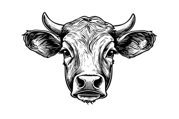 Tête Vache Avec Cornes Logo Gravure Style Illustration Vectorielle Isolée — Image vectorielle