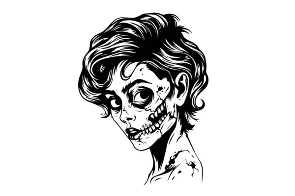 Zombie Kepala Atau Wajah Sketsa Tinta Ilustrasi Vektor Gambar Tangan - Stok Vektor