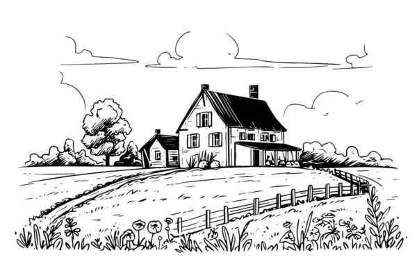 Сельский Пейзаж Фермой Стиле Гравировки Векторная Иллюстрация — стоковый вектор