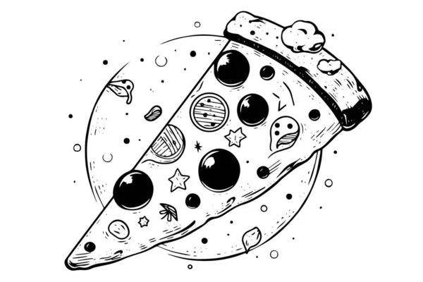 Rebanada Boceto Tinta Amante Pizza Ilustración Vectores Estilo Grabado Arte — Vector de stock