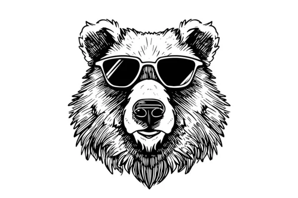 Bear Head Glasses Logotype Vector Engraving Style Illustration — Stock Vector