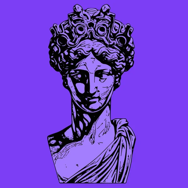 紫色古希腊雕塑头像希腊雕塑草图雕刻风格矢量画图 — 图库矢量图片