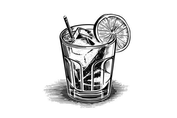 Alkoholik Koktajl Wygrawerowany Pojedynczy Drink Wektor Ilustracji Czarno Biały Skład — Wektor stockowy