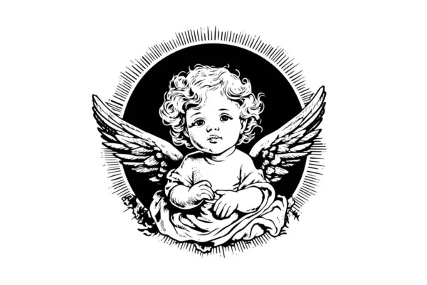 Pequeño Ángel Marco Vector Estilo Retro Grabado Ilustración Blanco Negro — Vector de stock