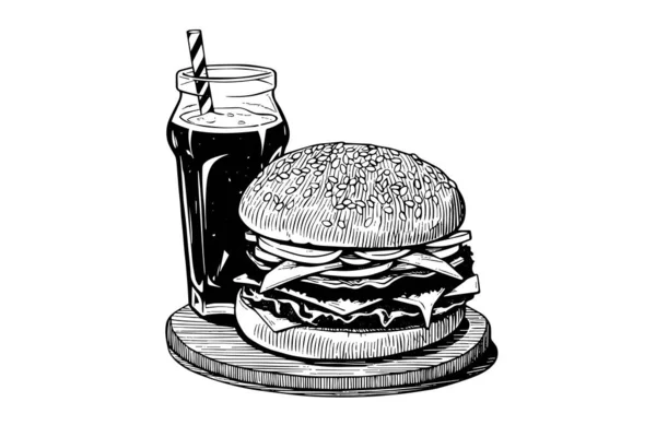 Burger Και Σόδα Χαρακτικής Τέχνης Στυλ Χειροποίητη Διανυσματική Απεικόνιση Χάμπουργκερ — Διανυσματικό Αρχείο