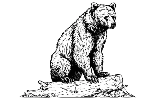 Чернильный Ручной Рисунок Медведя Сидит Бревне Векторная Иллюстрация Стиле Гравировки — стоковый вектор