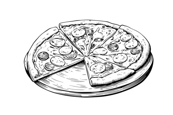 Pizza Fatiada Esboço Desenhado Mão Gravura Estilo Vector Ilustração — Vetor de Stock