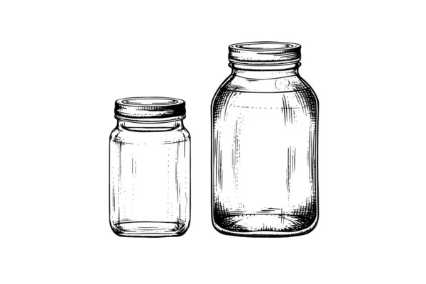 Empty Glass Jars Ink Sketch Vector Vintage Black Engraving Illustration — Stock Vector