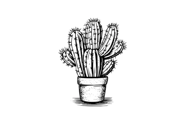 Kaktus Tangan Menggambar Sketsa Tinta Ilustrasi Vektor Gaya Ukiran - Stok Vektor