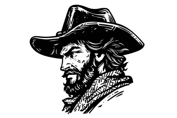 Cowboy Head Hat Engraving Style Hand Drawn Ink Sketch Vector — Stock Vector
