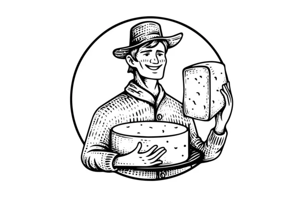 Cheesemaker Lub Sprzedawca Rysunek Szkic Atrament Vintage Grawerowane Styl Wektor — Wektor stockowy