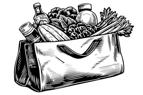 Yiyecek Dolu Market Poşeti Elle Çizilmiş Taslak Vektör Çizimi — Stok Vektör