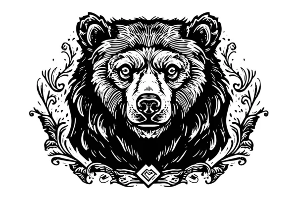 Tinta Mano Dibujo Boceto Oso Mascota Logotipo Cabeza Ilustración Vectorial — Vector de stock