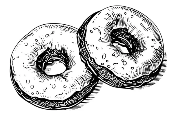 美味的甜甜圈雕刻风格 手绘油墨草图矢量图解 — 图库矢量图片