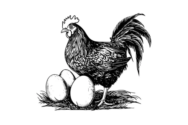 Chicken Hen Hatching Eggs Drawn Vintage Engraving Style Vector Illustration — Stock Vector