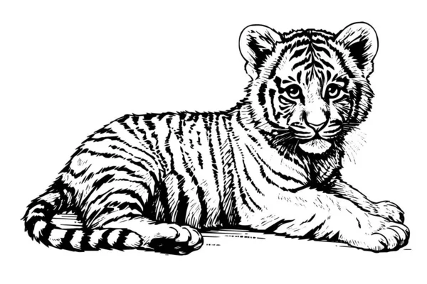 Ručně Kreslený Rytý Náčrt Tygřího Mláděte Vektorová Kresba Inkoustem — Stockový vektor
