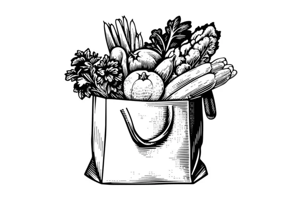 Lebensmitteltasche Voll Mit Lebensmittelgravur Skizze Vektor Handgezeichnete Illustration — Stockvektor