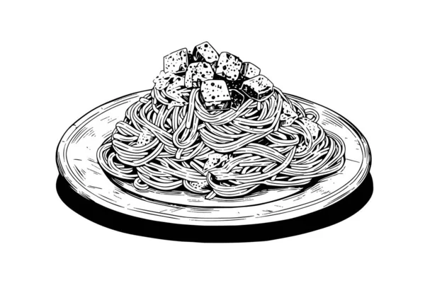 意大利面食 盘子里的意大利面 叉子上有意大利面矢量雕刻风格的插图 — 图库矢量图片