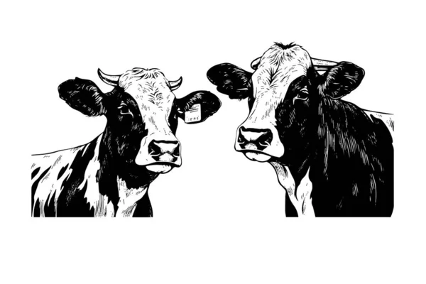 两幅高山奶牛矢量手绘雕刻风格图解 — 图库矢量图片