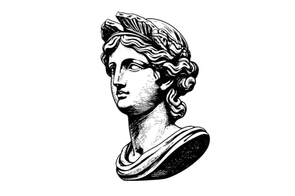 Antik Staty Huvud Grekisk Skulptur Skiss Gravyr Stil Vektor Illustration — Stock vektor