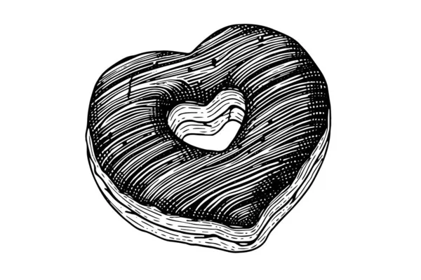 Herzförmige Leckere Donut Gravur Stil Handgezeichnete Tuschskizze Vektorillustration — Stockvektor