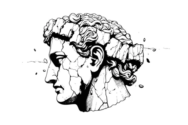 ギリシャ彫刻スケッチ彫刻スタイルのベクターイラストの割れた彫像の頭部 — ストックベクタ