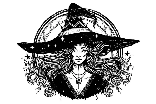 Bruja Halloween Mujer Dibujado Mano Boceto Tinta Grabado Estilo Vector — Vector de stock