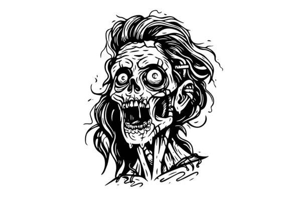 Croquis Encre Tête Visage Zombie Illustration Vectorielle Dessin Main Morte — Image vectorielle