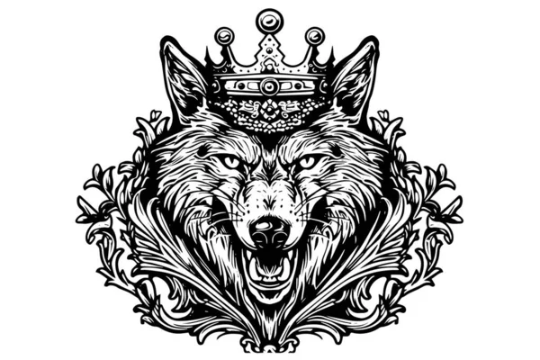Wolf Head Crown Hand Drawn Ink Sketch Engraving Vintage Style — Stock Vector