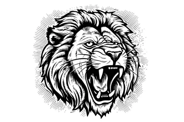 Lion Γρυλίζει Κεφάλι Πορτρέτο Σκίτσο Χέρι Σχέδιο Χαρακτικής Στυλ Διανυσματική — Διανυσματικό Αρχείο